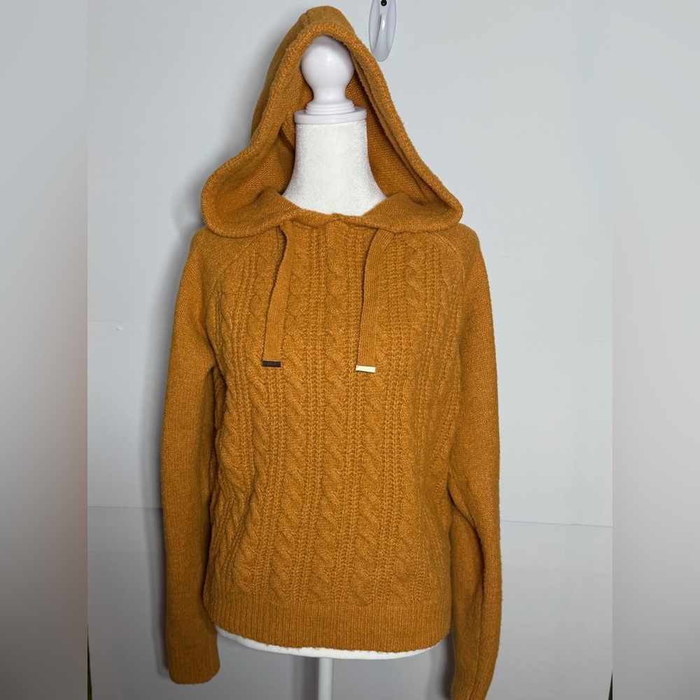 Cupcakes & Cashmere Women's Mustard Cable Knit Comfy Hoodie Sweater